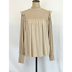 NWT Soya Concept BOUTIQUE Tan Long Sleeve Top w/ Smocking Detail #0429 MD